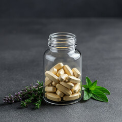 Natural Medicine: Bottle of Pills with Medicinal Herbs and Green Leaves on a soft Background