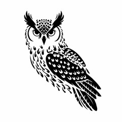 This striking black-and-white illustration features a stylized owl, poised with spread wings, embodying the essence of a powerful nocturnal predator. The detailed feather patterns and sharp beak highl