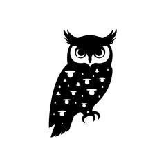 This enchanting black-and-white illustration features a stylized owl perched against a dreamy night sky, complete with stars and crescent moons. The minimalist design focuses on clean lines and bold c