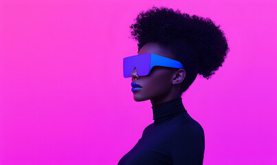 Stylish Woman with Futuristic Sunglasses Against Pink Background