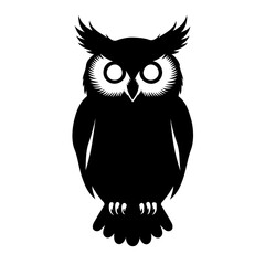This striking black-and-white illustration features a stylized owl in flight, exuding wisdom and mystery with its large, round eyes and simplified silhouette. The minimalist design is characterized by
