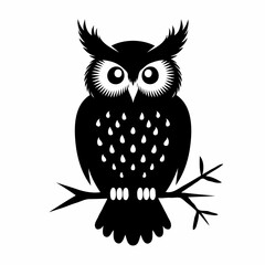 This delightful black-and-white illustration captures the charm of a stylized owl perched on a branch, perfect for a children’s book or whimsical wildlife design. The owl, with its large, expressive e