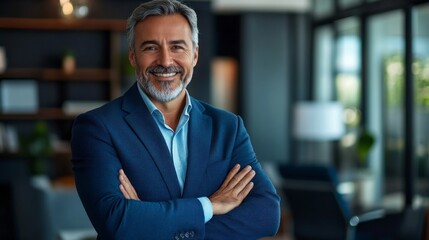 Fototapeta premium A professional man stands confidently in a stylish office, arms crossed and smiling, with large windows allowing sunlight to illuminate the space, showcasing a sophisticated atmosphere