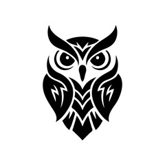 This bold black-and-white owl illustration embodies a tribal style with a striking, symmetrical design. The owl’s piercing eyes and sharp beak evoke a sense of watchful wisdom, while its stylized feat