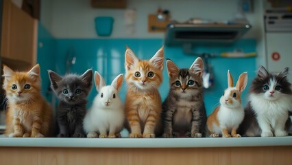 Naklejka na ściany i meble A lineup of adorable kittens in various colors and a pair of cute rabbits, all sitting together in a bright kitchen setting. Concept Adorable Kittens, Cute Rabbits, Bright Kitchen Setting