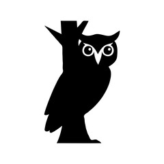 This striking black-and-white illustration captures the essence of an owl in a bold and minimalist design. The owl is presented in a simplified silhouette, where only a single eye is visible, creating