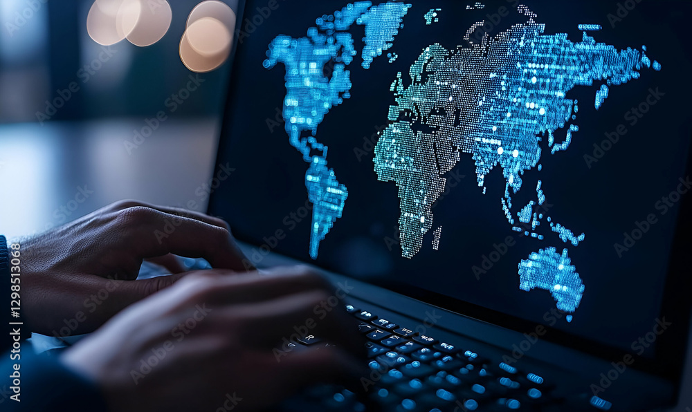 Poster world map visualization on laptop screen with data streams