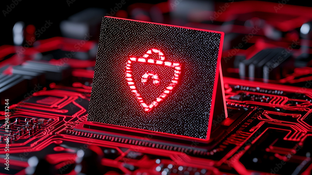 Aufkleber red technology design with shield symbol on circuit board background