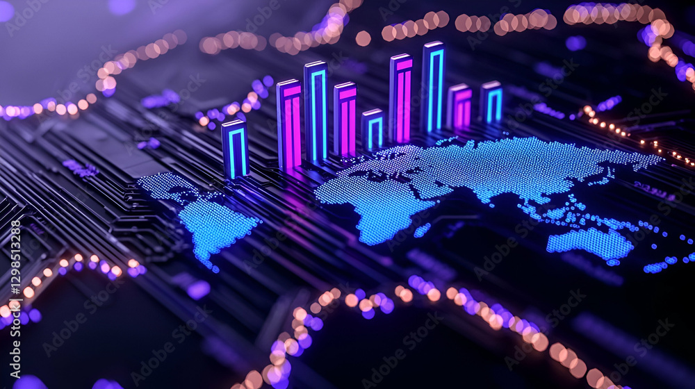Poster colorful data visualization with world map and circuit board design