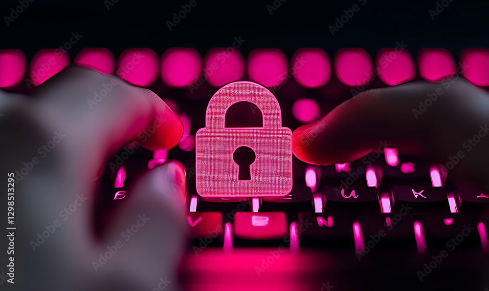 Poster digital lock symbol on neon keyboard with glowing keys at night