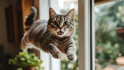 A playful tabby cat is mid-air while jumping near a window, showcasing a lively expression and a blurred background. Concept Playful Tabby Cat, Mid-Air Jump, Lively Expression, Window Scene