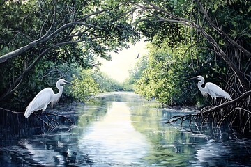 A serene river surrounded by mangroves, with egrets perched gracefully on the branches