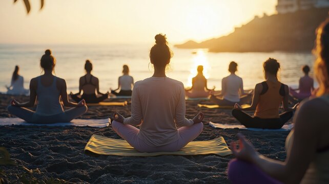 Serene sunrise yoga session by the ocean with a group of yogis in pastel activewear during International Yoga Day