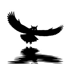 Obraz premium This captivating black-and-white illustration captures the dramatic, predatory elegance of an owl in flight, its wingspan stretched wide as it soars through the night. The owl’s talons are extended, r