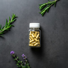 Natural Medicine: Bottle of Pills with Medicinal Herbs and Green Leaves on a soft Background