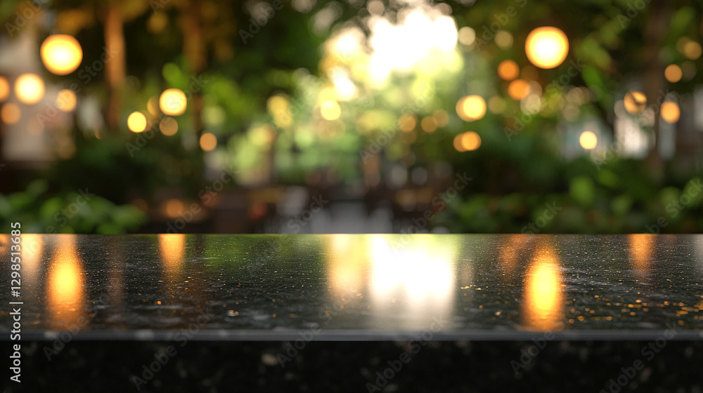 Poster close-up view of a polished black stone surface reflecting bokeh lights in an outdoor environment, s