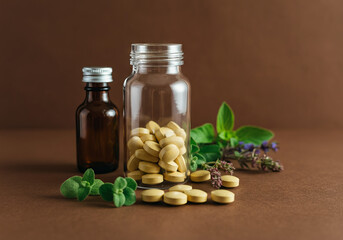 Natural Medicine: Bottle of Pills with Medicinal Herbs and Green Leaves on a soft Background