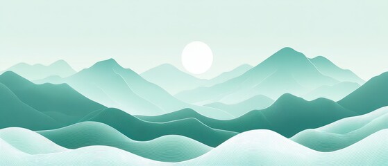 Mountain Landscape on Green Background With Hand-Drawn Wave Lines and Zen-Inspired Design for Decoration and Banners