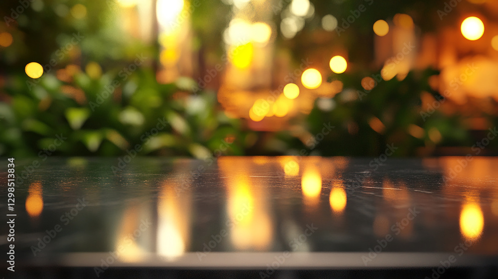 Aufkleber close-up view of a reflective black stone surface with blurred bokeh lights in the background, symbo
