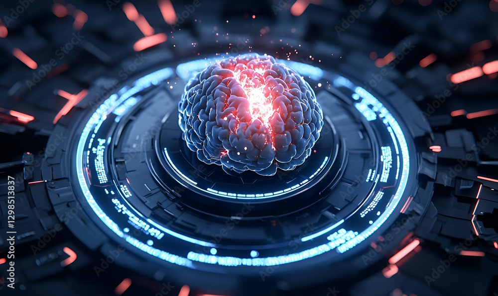 Poster futuristic 3d rendering of a brain with glowing digital elements
