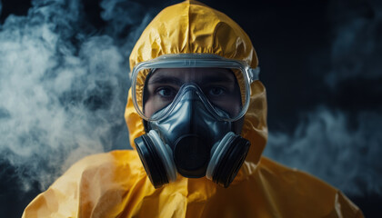 person in yellow protective suit and gas mask stands amidst smoke, emphasizing safety and industrial hygiene. scene conveys sense of urgency and caution