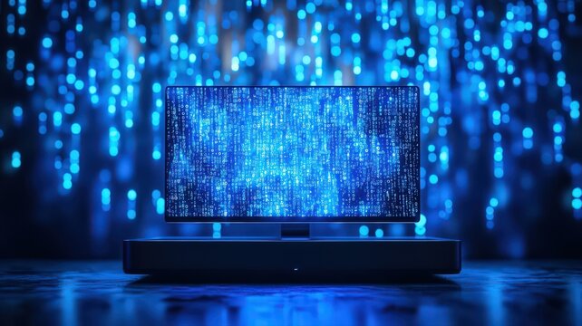 Levitating smart-glass screen displaying abstract art with glowing binary code in dynamic lighting