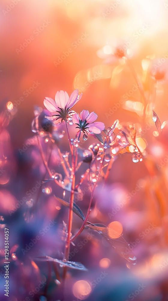 Poster close-up of delicate flowers with water droplets on petals, glowing in soft warm light, creating a d