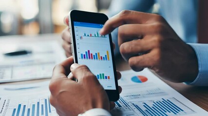 Financial data processing with a biracial businessman in a modern office setting, financial data processing over biracial businesswoman in office - Powered by Adobe