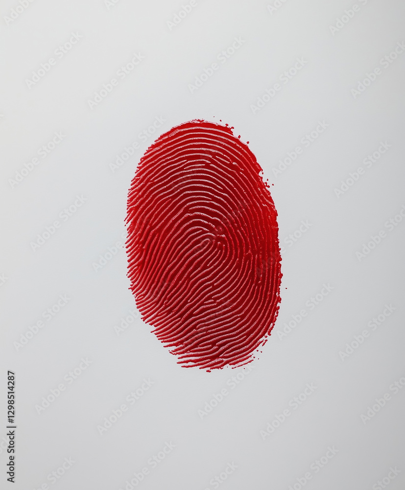 Poster detailed red fingerprint on white background, showcasing fine lines and patterns. this striking imag