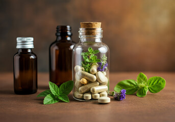 Natural Medicine: Bottle of Pills with Medicinal Herbs and Green Leaves on a soft Background