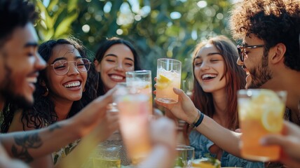Cheerful group of friends enjoying a Friendship Day brunch in a sunny garden with lemonade clinks and laughter