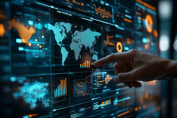 person interacting with digital world map and data analytics display, showcasing technology and information analysis. scene conveys sense of innovation and data driven decision making