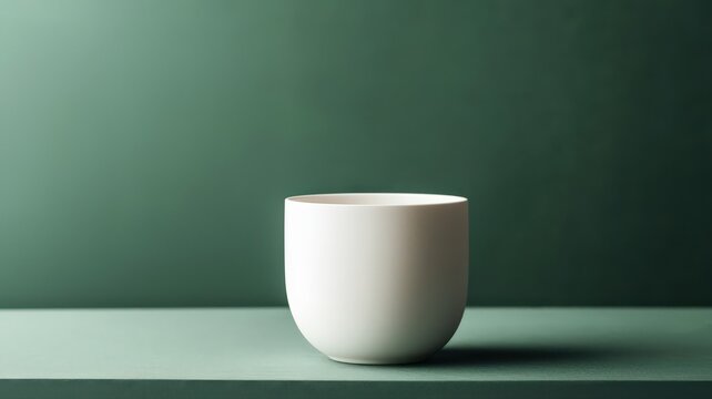 Minimalist ceramic cup set against deep matte forest green background with soft diffused lighting during afternoon