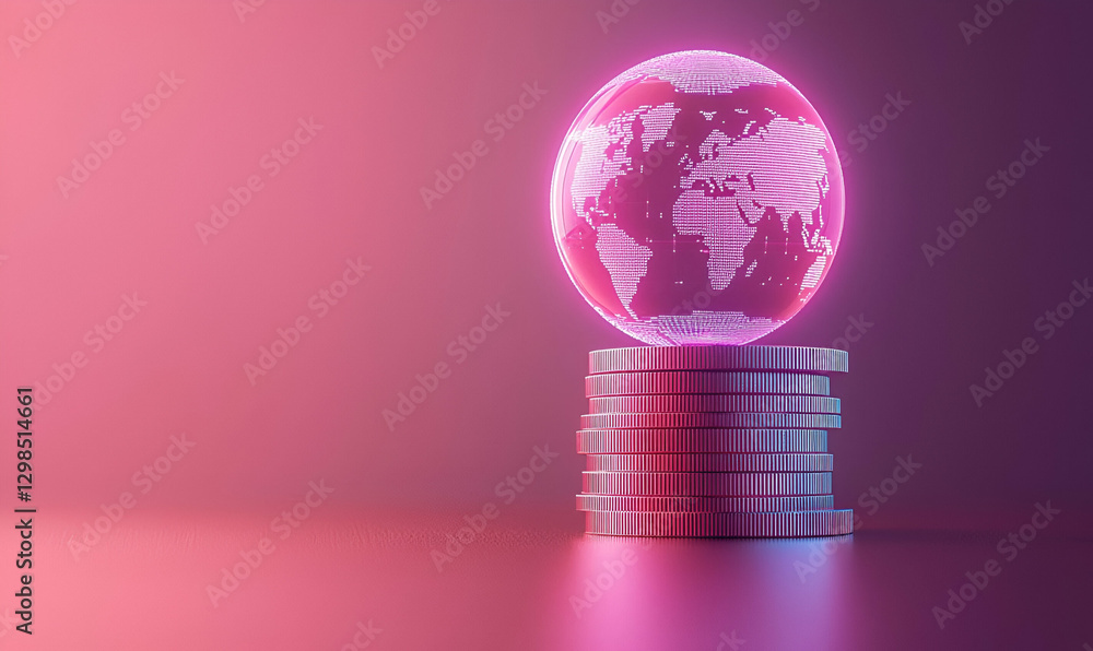 Aufkleber digital globe on stack of coins in pink gradient background