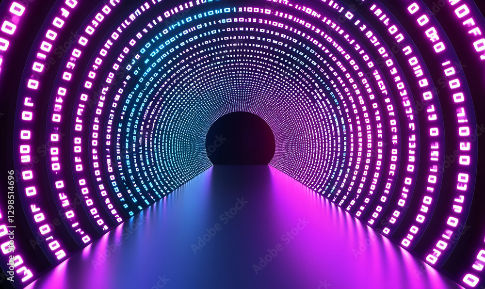 Poster abstract neon tunnel with binary code flowing in soft focus