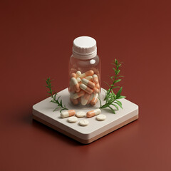 Natural Medicine: Bottle of Pills with Medicinal Herbs and Green Leaves on a soft Background