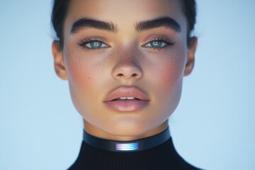 Stunning portrait showcasing striking features, smooth skin, and