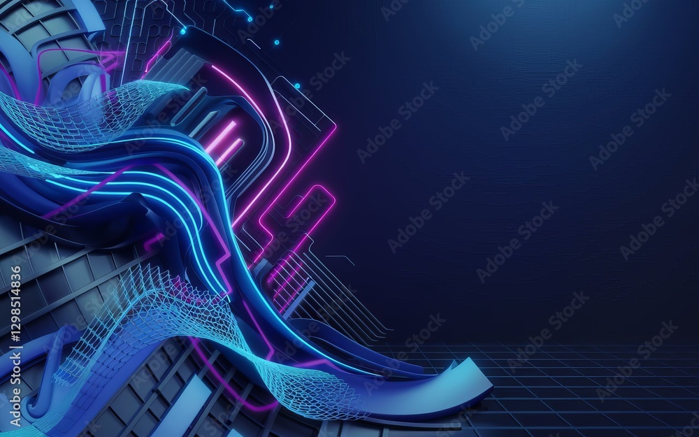 Aufkleber futuristic digital flow: a dynamic composition of neon-lit geometric shapes intertwines against a da