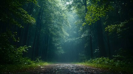 Fototapeta premium Rain falling on a dense foggy woodland, mist rolling through trees, tranquil yet powerful nature scene, 8K quality realistic image