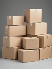 Stack of cardboard boxes on gray background, creating sense of organized chaos. Ideal for logistics, shipping, or storage themes
