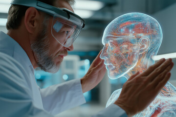 Scientist analyzing holographic brain interface in high-tech lab. Digital representation of neural connections showcases artificial intelligence, cognitive computing, and futuristic neuroscience.