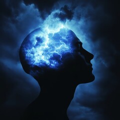 Human Silhouette Showcasing a Storm Within the Mind With Hints of Clear Sky, Representing Emotional Turbulence and Hope