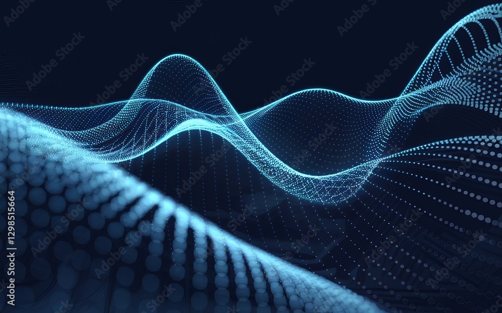 Poster digital sound waves: a dynamic visualization of digital sound waves, rendered in a cool blue hue aga