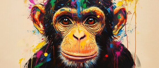 Colorful Monkey Face With Vibrant Paint Splashes on a Beige Background in a Hyper Realistic Oil Painting Style