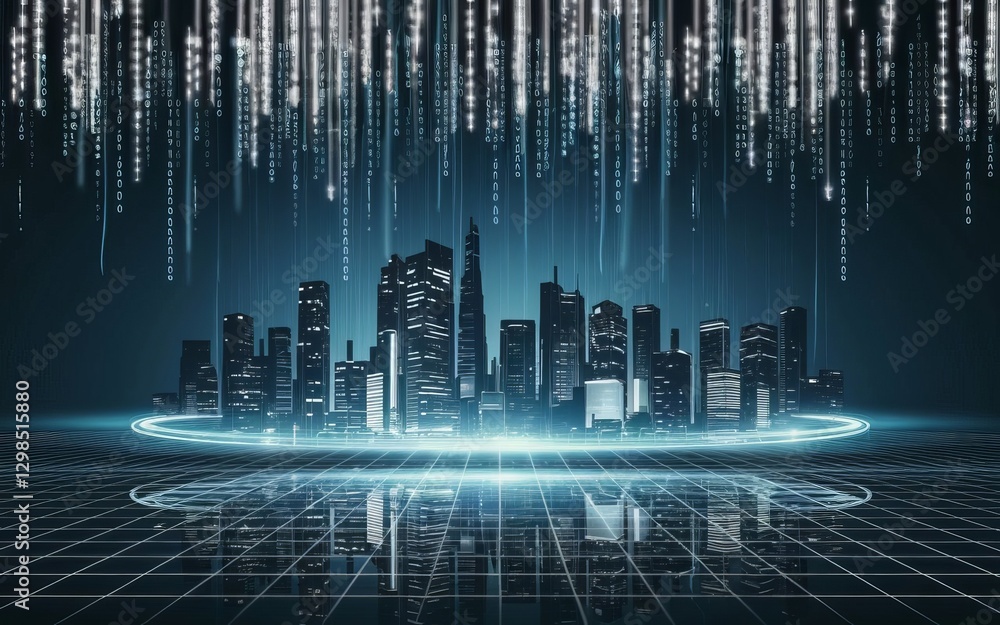 Poster cyber cityscape: a futuristic city skyline emerges from a glowing digital grid, with cascading strea