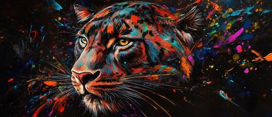 Colorful Panther Face With Vibrant Paint Splashes on a Dark Background Captured in a Hyper Realistic Oil Painting Style