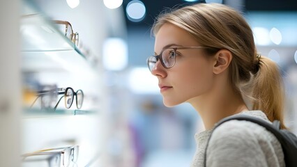 Obraz premium A young person wearing glasses is looking intently at eyewear displayed on a shelf in a store. Concept Eyewear Shopping Experience, Focused Customer, Stylish Glasses Display, Fashion Choices