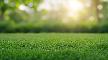 Lush green lawn with sunlight filtering through trees, creating refreshing atmosphere. Perfect for outdoor activities and relaxation