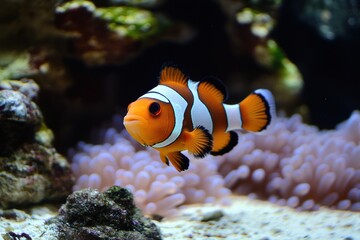 Clownfish swimming among coral reefs underwater scene marine life vibrant environment close-up view