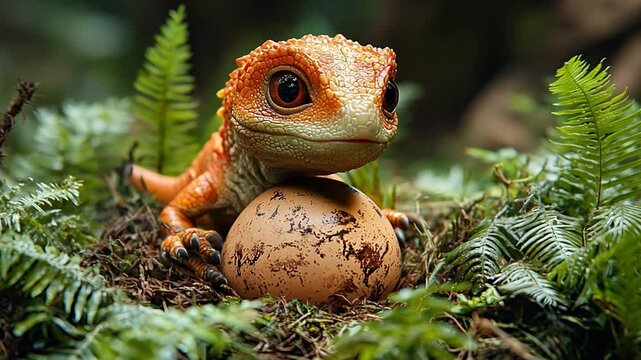 Lizard Guardian: a curious lizard perched on a speckled egg nestled among vibrant green plants. It captures a blend of the fantastical and the natural world, showcasing a captivating and unique scene.